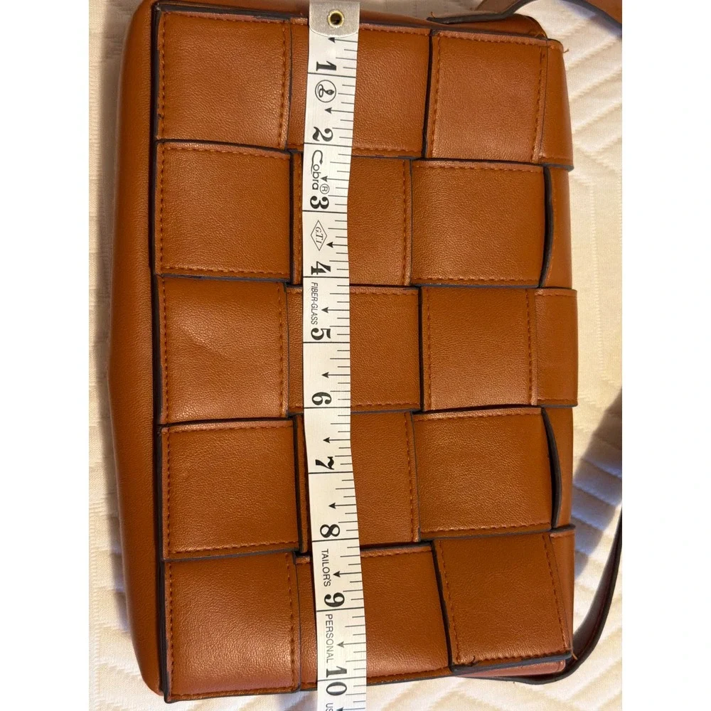 Squared Woven Cassette Crossbody Bag Cognac Brown Faux Leather
